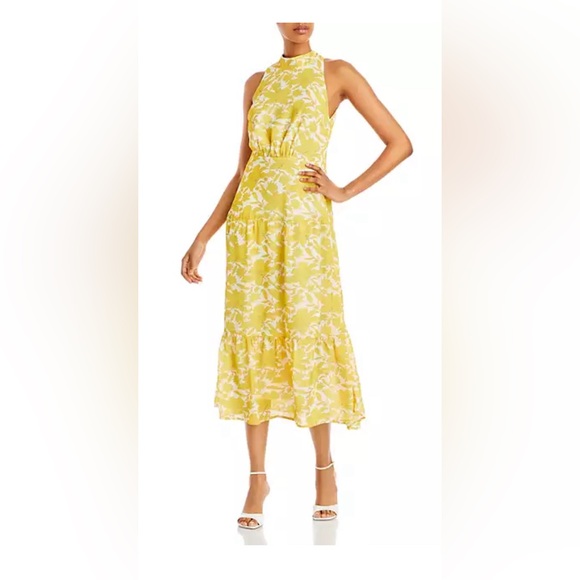 Sam Edelman Womens Flowy Dress Size 10 Yellow High Neck Tie Back Midi Dress - Picture 1 of 12